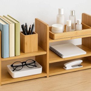 Natural Bamboo Desktop Organizer Adjustable Wooden Storage Display Shelf Rack For Books Office Supplies Vanity Countertop