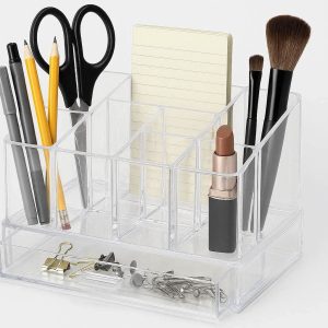 Clear Acrylic Desk Organizer 6 Compartments Desktop Storage Caddy With Drawer For Office Makeup Vanity Cosmetics