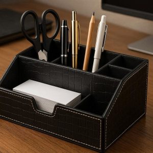 Luxury Faux Leather Desk Organizer Multi Slot Desktop Stationery Storage Box For Executive Office Workspace Decor