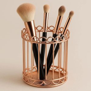 Rose Gold Wire Pencil Holder Elegant Makeup Brush Organizer Decorative Metal Desk Pen Cup For Women Girls