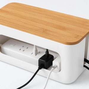 Cord Organizer Box Plastic Cable Management Box With Bamboo Lid For Hiding Power Strips Surge Protectors Chargers