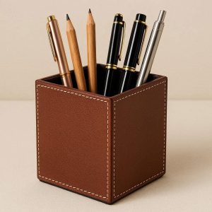 Luxury Faux Leather Pen Holder Elegant Pencil Cup Desktop Stationery Organizer Box For Executive Office Decor